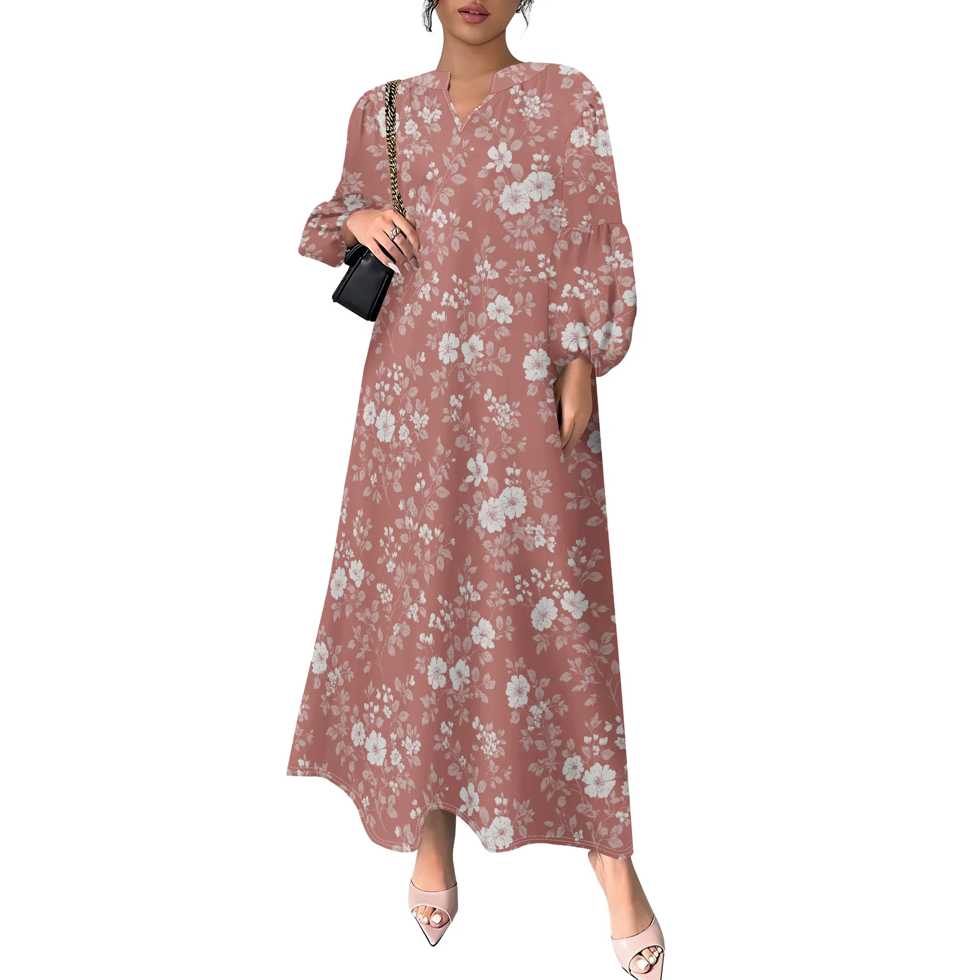 فستان نسائي طويل بياقة 3/4 كم مخطط باللون الأزرق الفاتح مع حاشية مكشكشة متدرجة أنيقة غير رسمية 2025 عصري