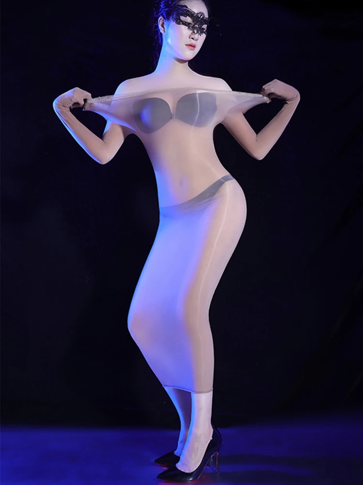 Sexy Women 5D Oil Glossy Shiny Micro Mini Dress Five Glove Bodycon Tights Dresses Sheer See Through Elastic Pencil Dress