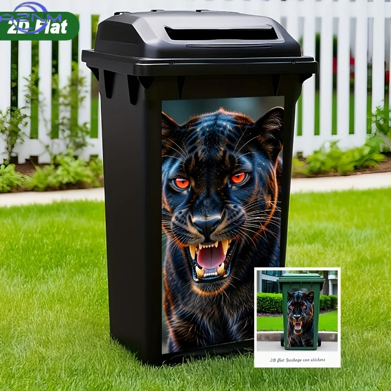 2D Flat Printing 1pc Trash Can Sticker ×inch, Black Panther Roaring Realistic Style Design, Self-Adhesive Wall Decal Wallpaper