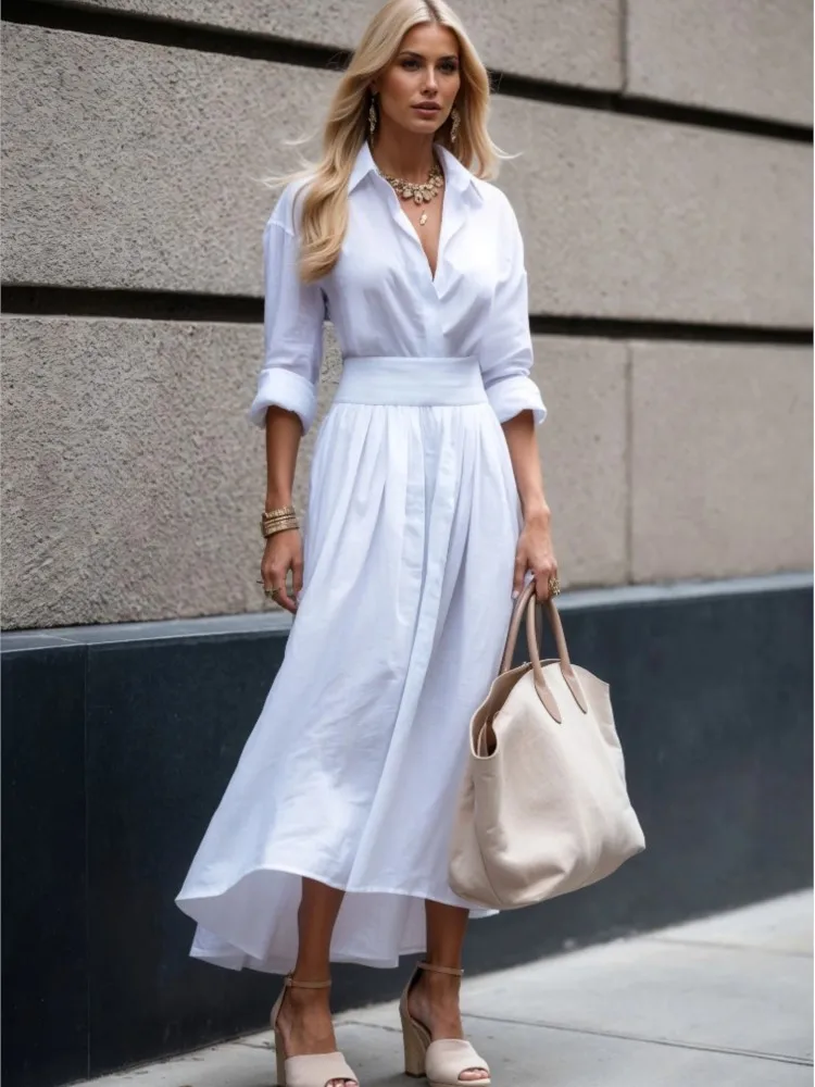 Vestido camisero de Color liso ajustado a la moda con solapa de verano, vestido largo elegante de manga larga con cuello en V atado en la cintura, ropa de oficina para mujer