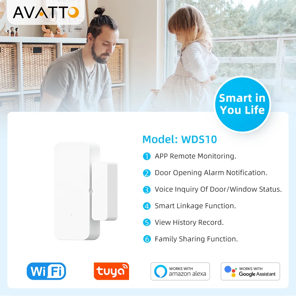 AVATTO Tuya WiFi Sensor de puerta inteligente puerta abierta/cerrada Detector inalámbrico sistema de alarma Control por aplicación, funciona con Alexa Google Home