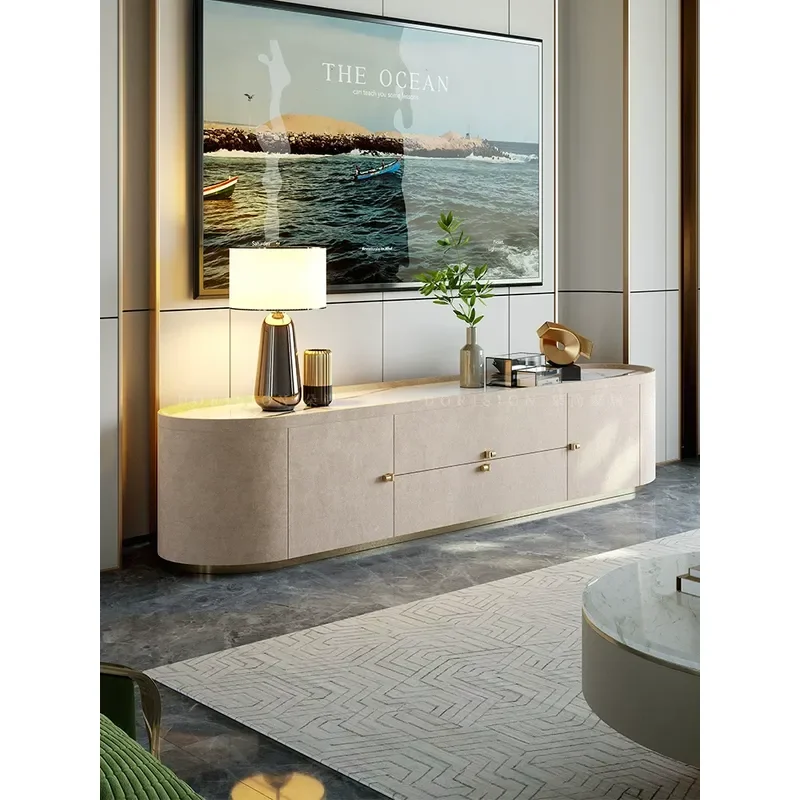 Modern Light Luxury TV Cabinet for Living Room Simple Fashionable Solid Wood and Rock Slab Floor Standing Media Console
