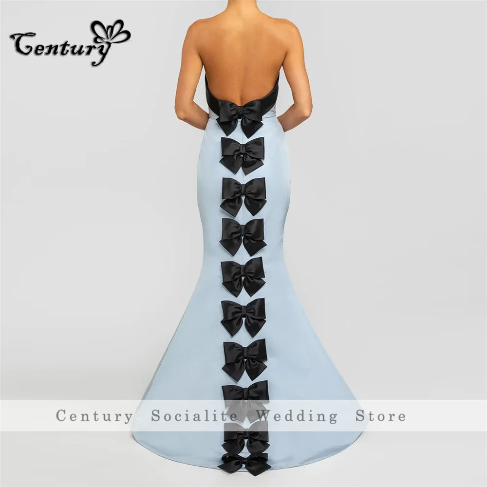 Sky Blue Prom Dress Long 2024 Strapless Backless Black Bows Mermaid Evening Party Gowns Formal Dresses Robe De Soiree Customized