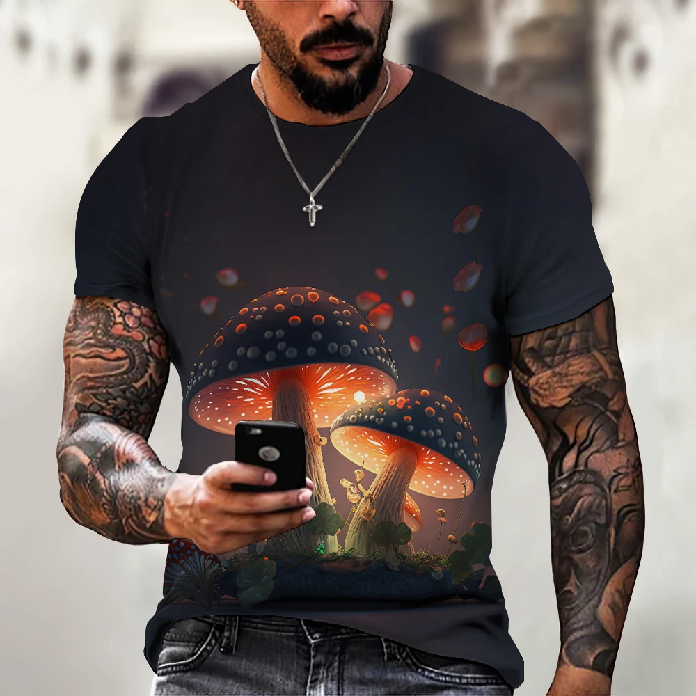 New Summer Men's Fun Mushroom 3D Printing T-Shirt With Plant Pattern Round Neck Tops Forest Fashion Casual Short Sleeve Clothing