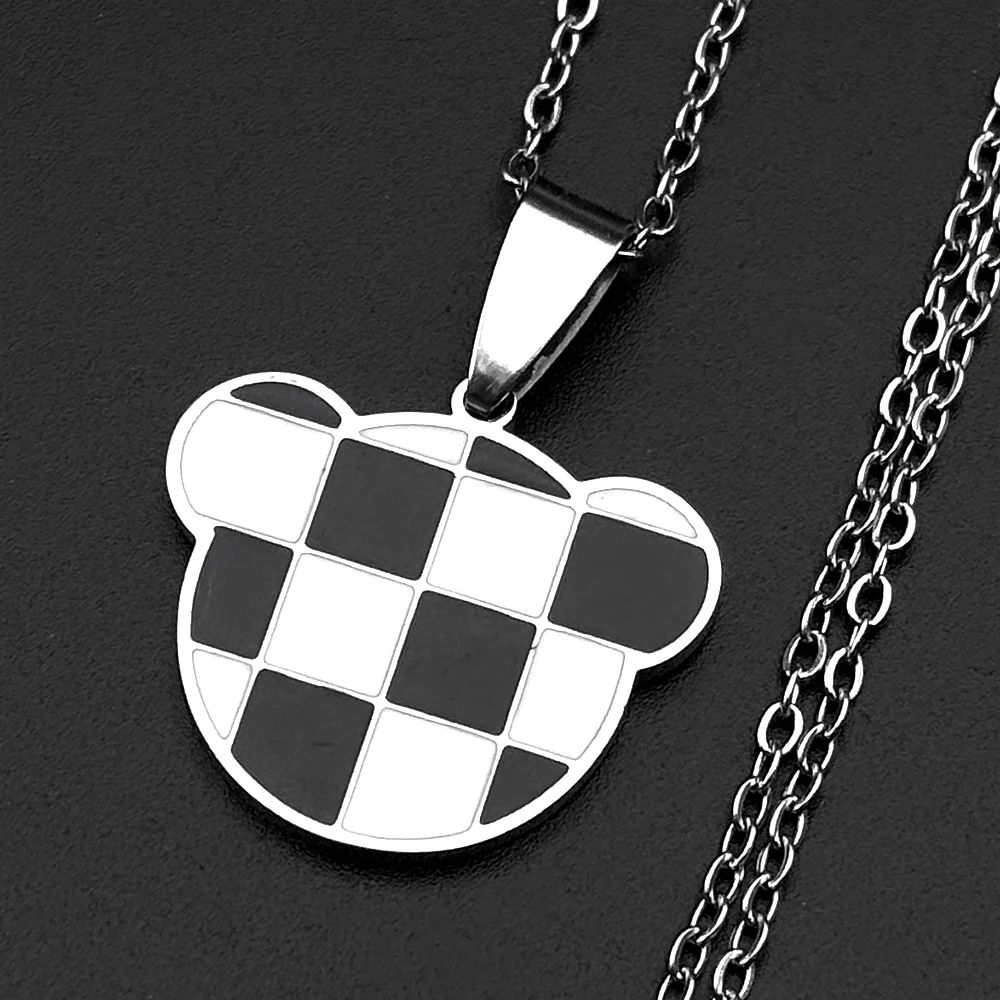 Y2K E-Girl Schachbrettmuster Herz Bär Kette Edelstahl Schwarz Weiß Süßer Cooler Stil Passende BFF Halskette Harajuku Schmuck – Detail 4