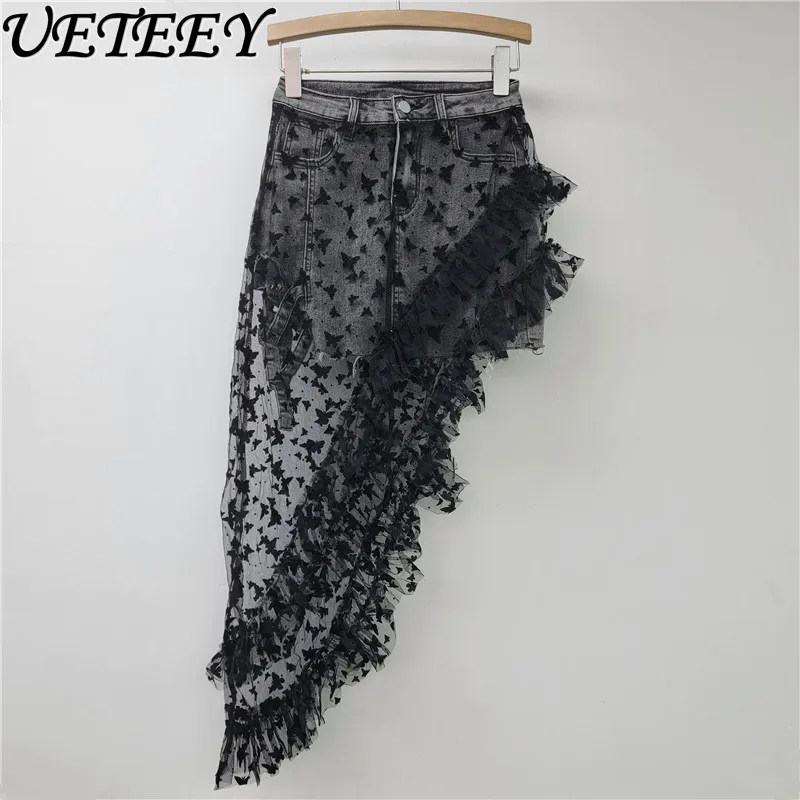 

American Style Spice Girl Irregular Mesh Embroidery Butterfly Skirt Splicing Denim Elastic A-Word Short Skirts for Women