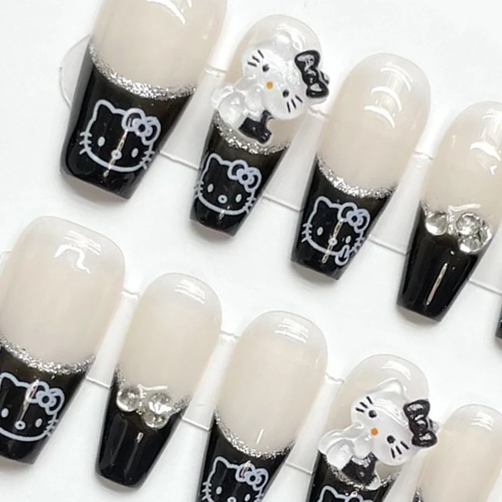 Fashion Cute Black Decal Hello Kitty Cartoon Detachable Handwork Fingernail Girl Accessory Fake Nails Decoration Festivals Gift