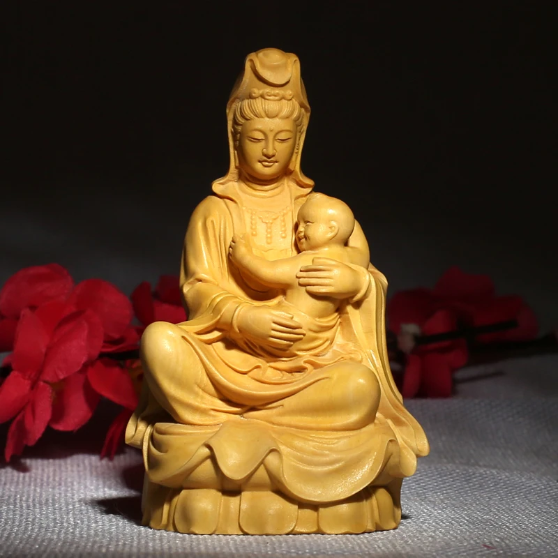 

Artistic Wooden Guan Yin with Child Statue Hand Carved Bodhisattva Figurine for Fertility Blessing Home Temple Shrine Altar