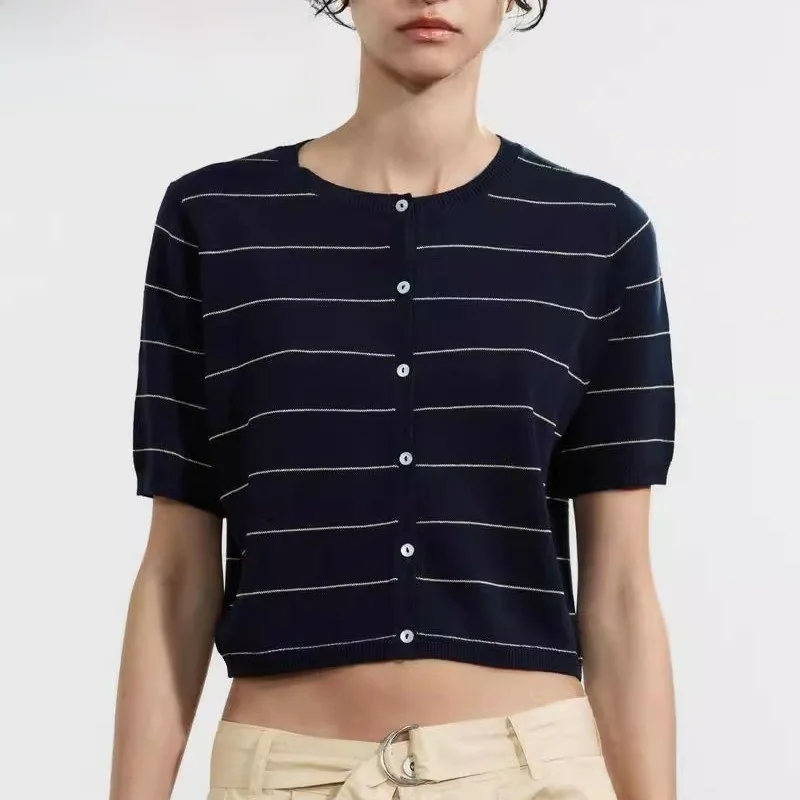 

New Summer 2025 Women's Simple Striped ort Sve round Ne Knitted T-irt Open Cardigan ort Outerwear Commute Sle Lo...