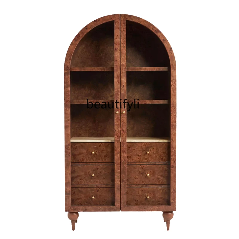 

French retro solid wood wine cabinet, American antique arched furniture Nordic decorative cabinet