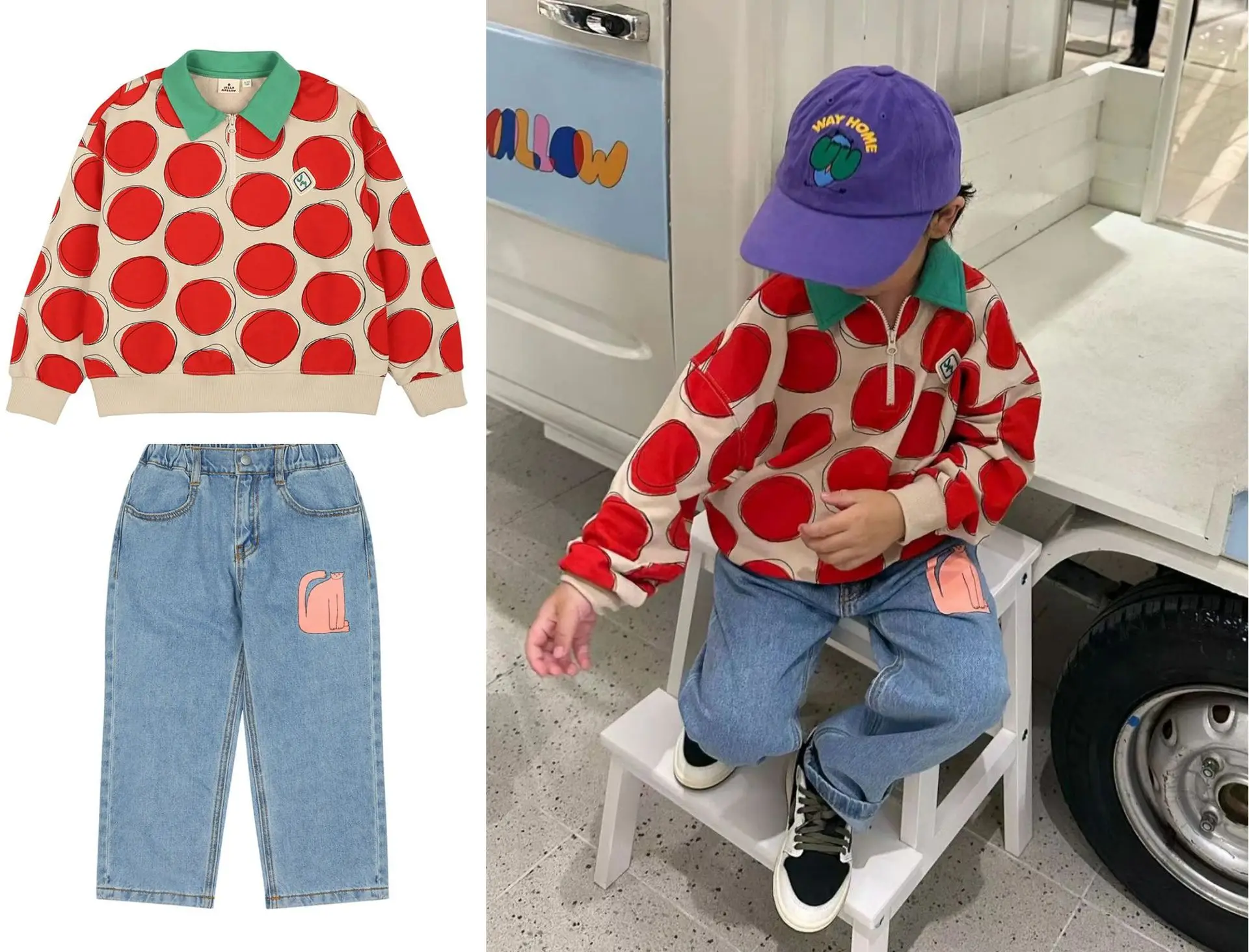 

Baby Boys And Girls Clothing Set Casual Long Sleeve Tops 2PCS Outfits Kids Toddler Autumn RED DOT POLO Shirt+PINK CAT DENIM PANT