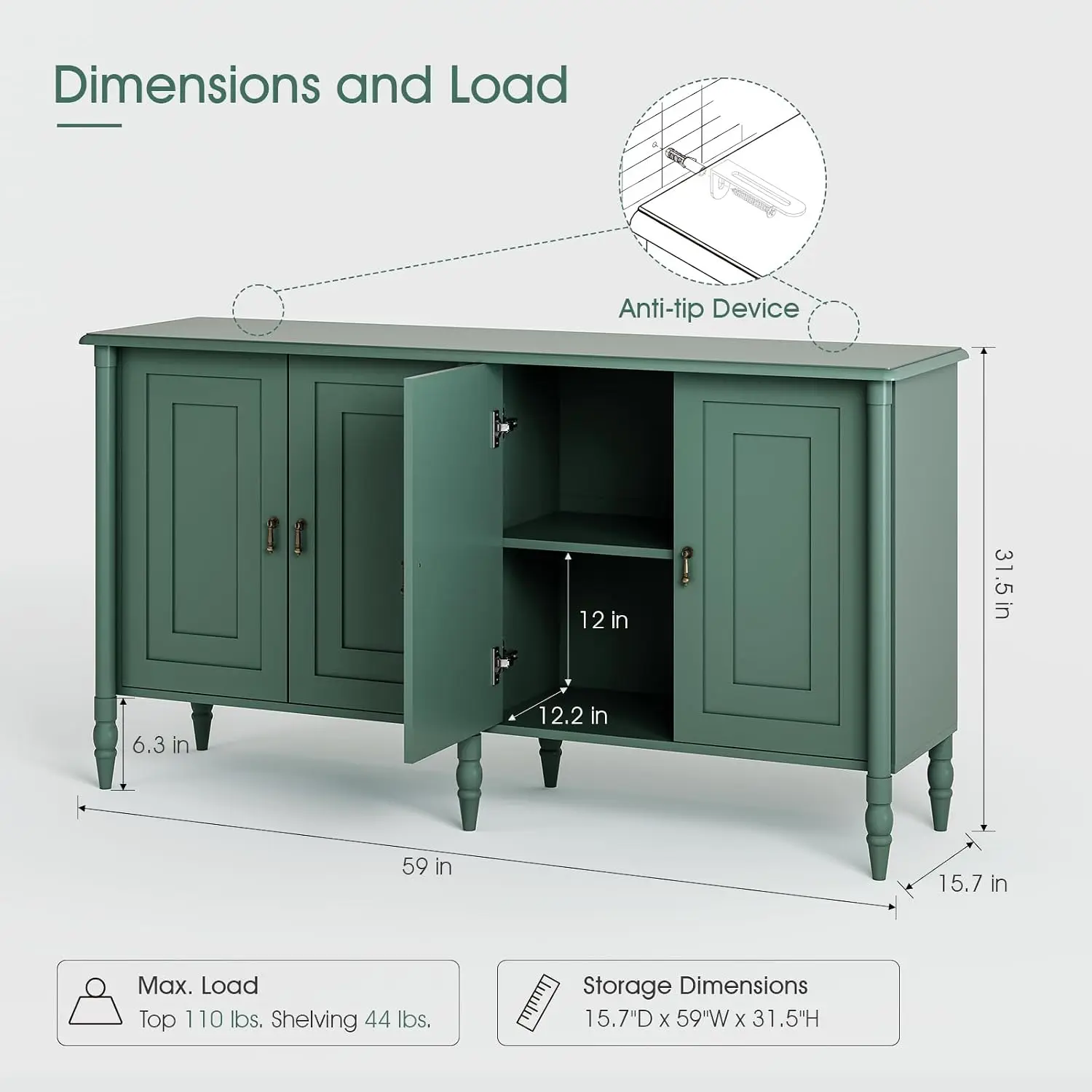 Sideboard Buffet Cabinet Storage Organizer Credenza For Dining Room Kitchen Living Room Hallway Cupboard Console Table With Concealed Compartments Modern Farmhouse Style Green
