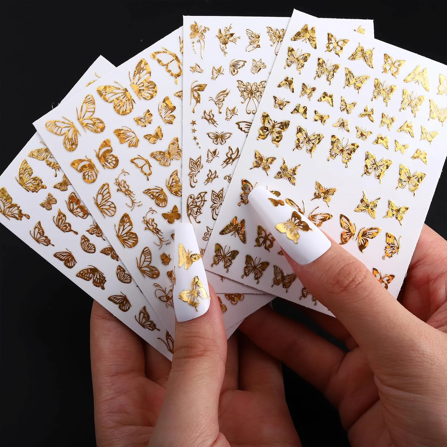 สติ๊กเกอร์ติดเล็บผีเสื้อโฮโลแกรมสีทอง 4 ชิ้น - สติ๊กเกอร์ติดเล็บฝรั่งเศส 3 มิติ เหมาะสําหรับทําเล็บที่บ้านหรือร้านเสริมสวย