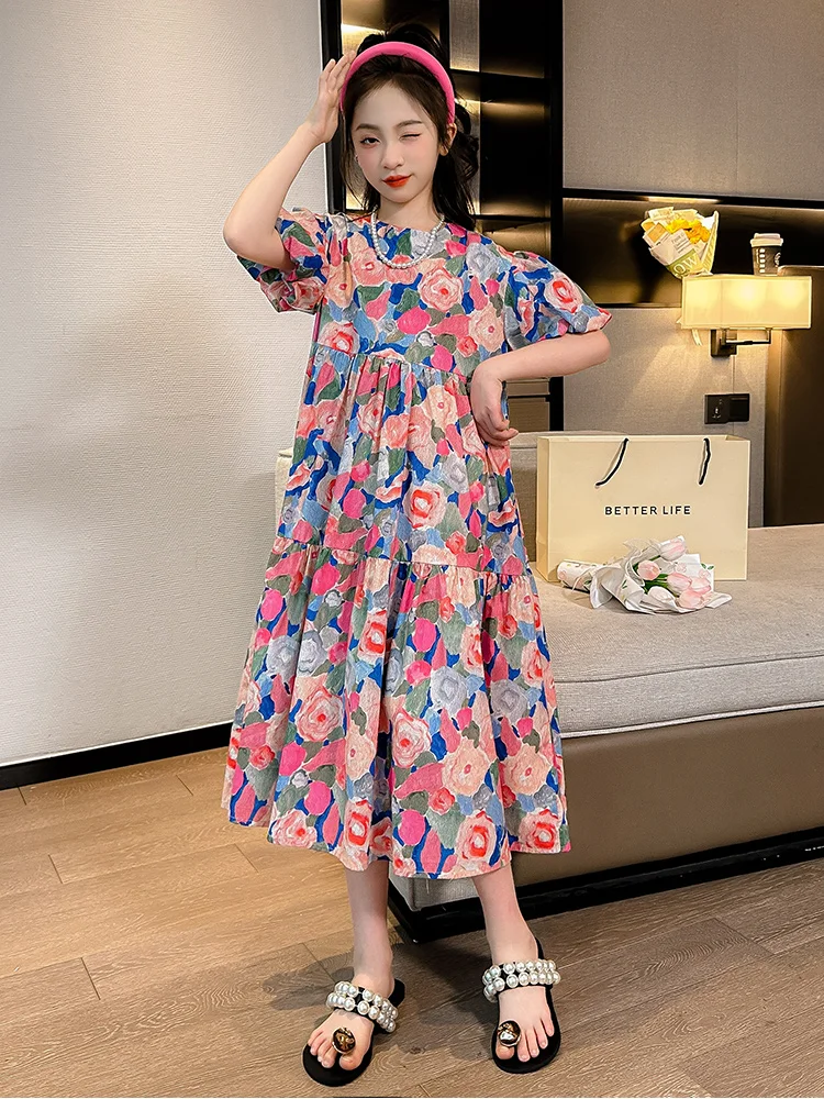 Summer Kids Floral Dresses for Girls Korean Loose Casual Dress Girl Clothing Cute Teenager Children Princess Dress 6 8 10 12 14Y