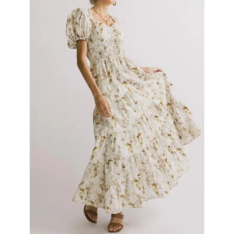 Combhasaki femmes été décontracté froncé chérie col en v smocké imprimé fleuri manches courtes bouffantes fête fluide a-ligne longue robe