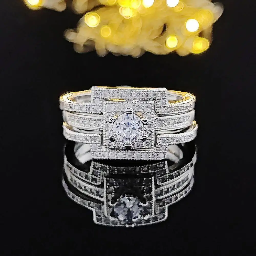 

Square Couple Rings Fashionable Jewelry for Men And Women Quality Copper Plated Gold Design R1431 Combination Ring