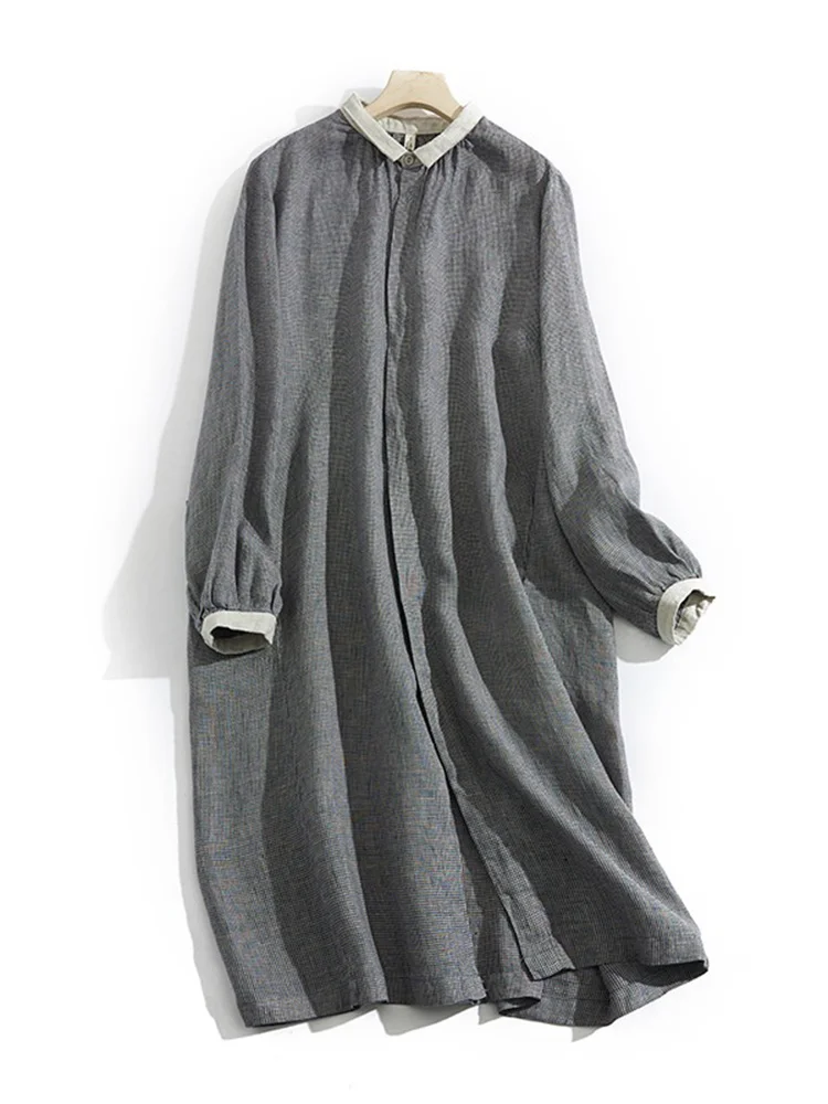 Lâche longue Sve Plaid lin Dr irt vêtements pour femmes japonais Sle jupe Midi décontracté trajet Sle col boutonné