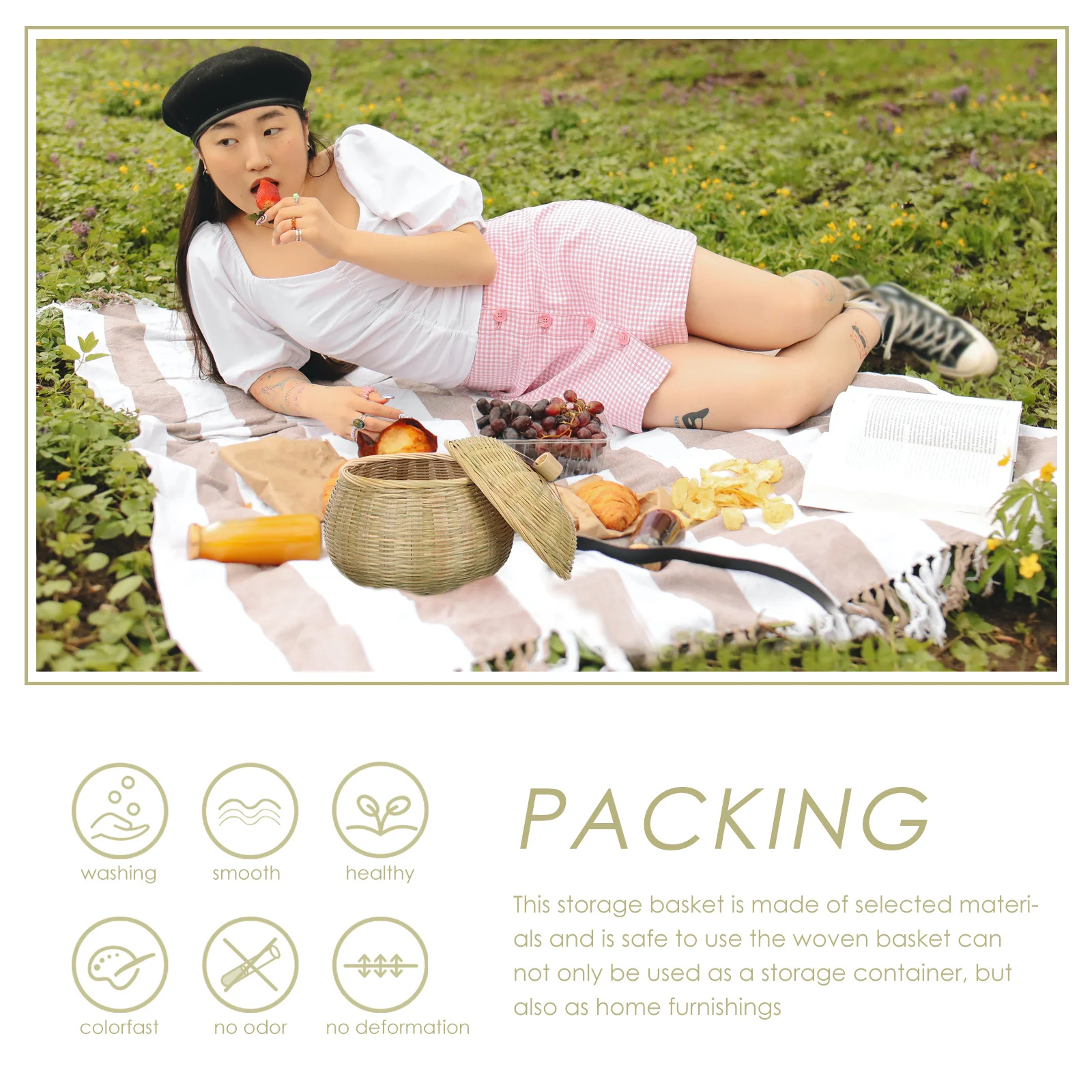 

Bamboo Weaving Basket With Cover Lightweight Compact Design For Kitchen Home Food Egg Tea Leaf Storage Organizer Container