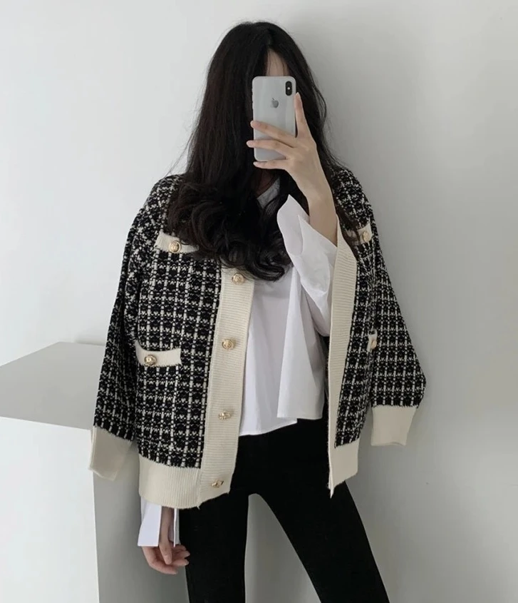 

Chic Vintage Plaid V-Ne Single-Button Loose Long Knitted Open Cardigan Sweater Outerwear Spring Autumn Piece