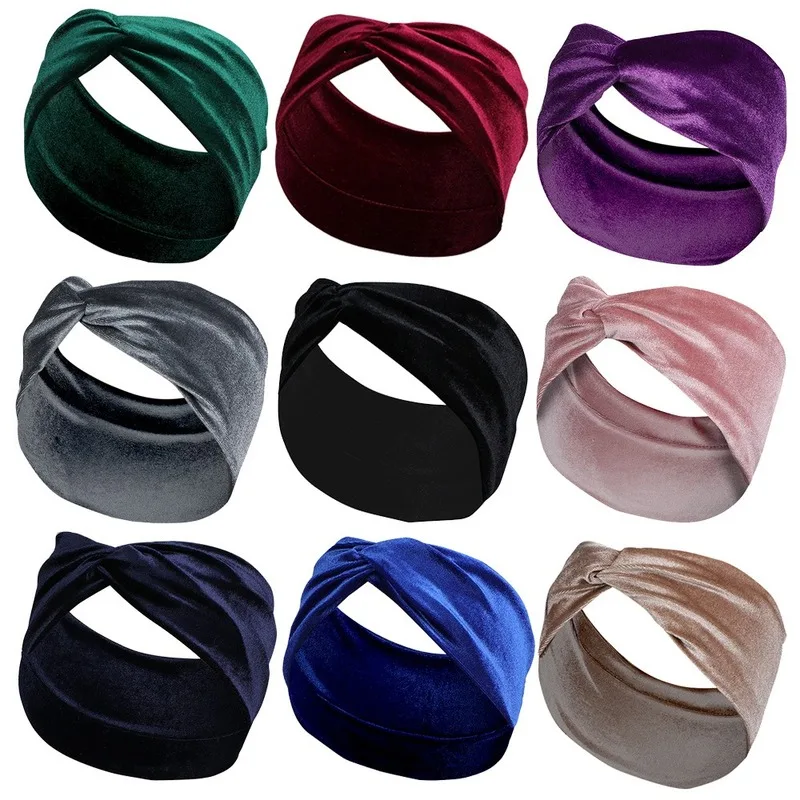 Gold Velvet Headband Bright Solid Color Versatile Cross Knot Bow Headwear Hair Accessories for Women Wide Hairband Turban