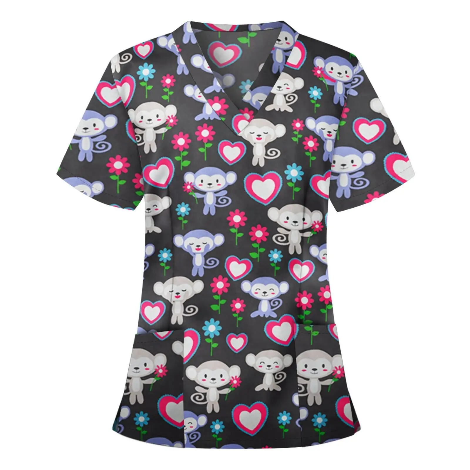 Working Women Uniform Animal Print Cartoon Cat Dog Short Sleeve V-Neck Top Femme Blouse Nurse Work Wear Medical Surgical Uniform