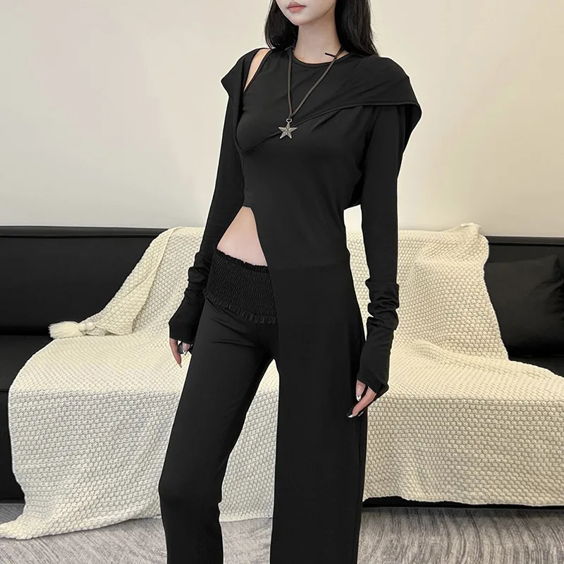 

2024 Autumn And Winter New Women's Clothing Personalized Spicy Girl Solid Color Inner Vest Hooded Irregular Top Two-Piece Set