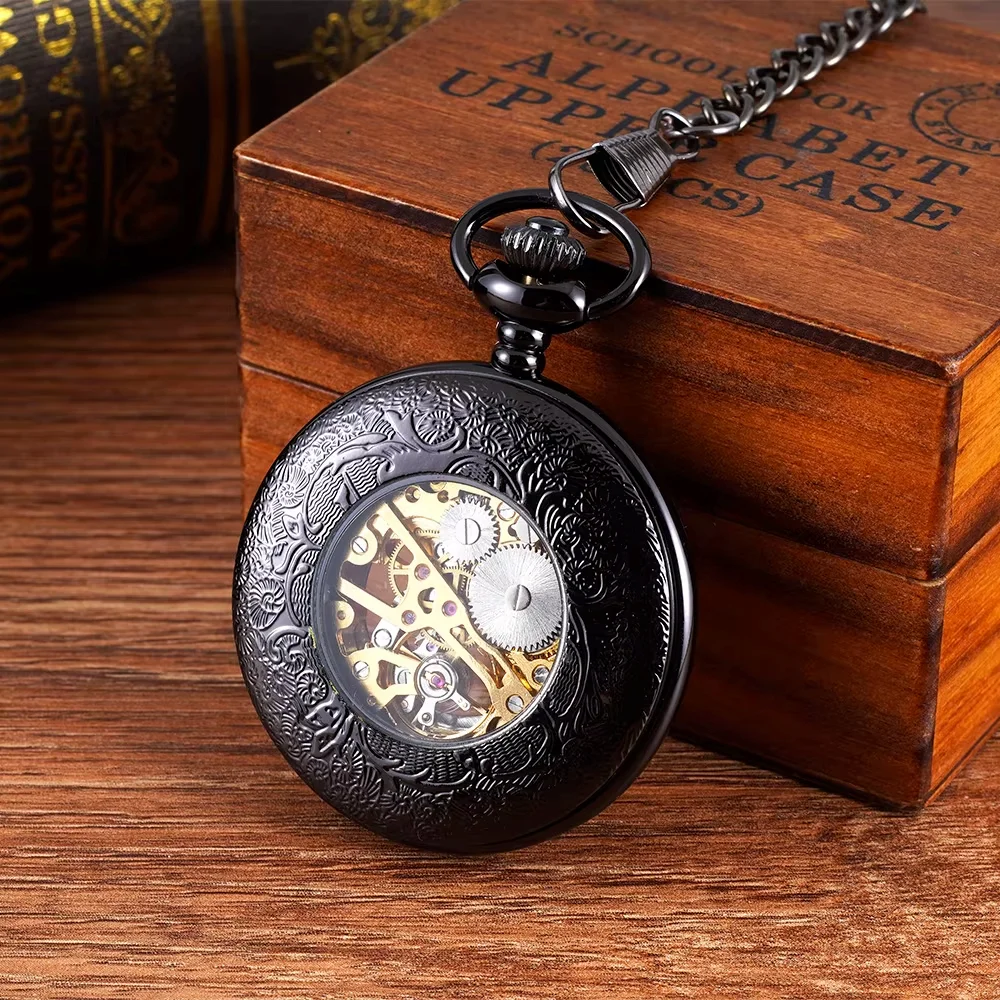 Black classical carved lace transparent clamshell Roman scale mechanical pocket watch thick chain chain watch