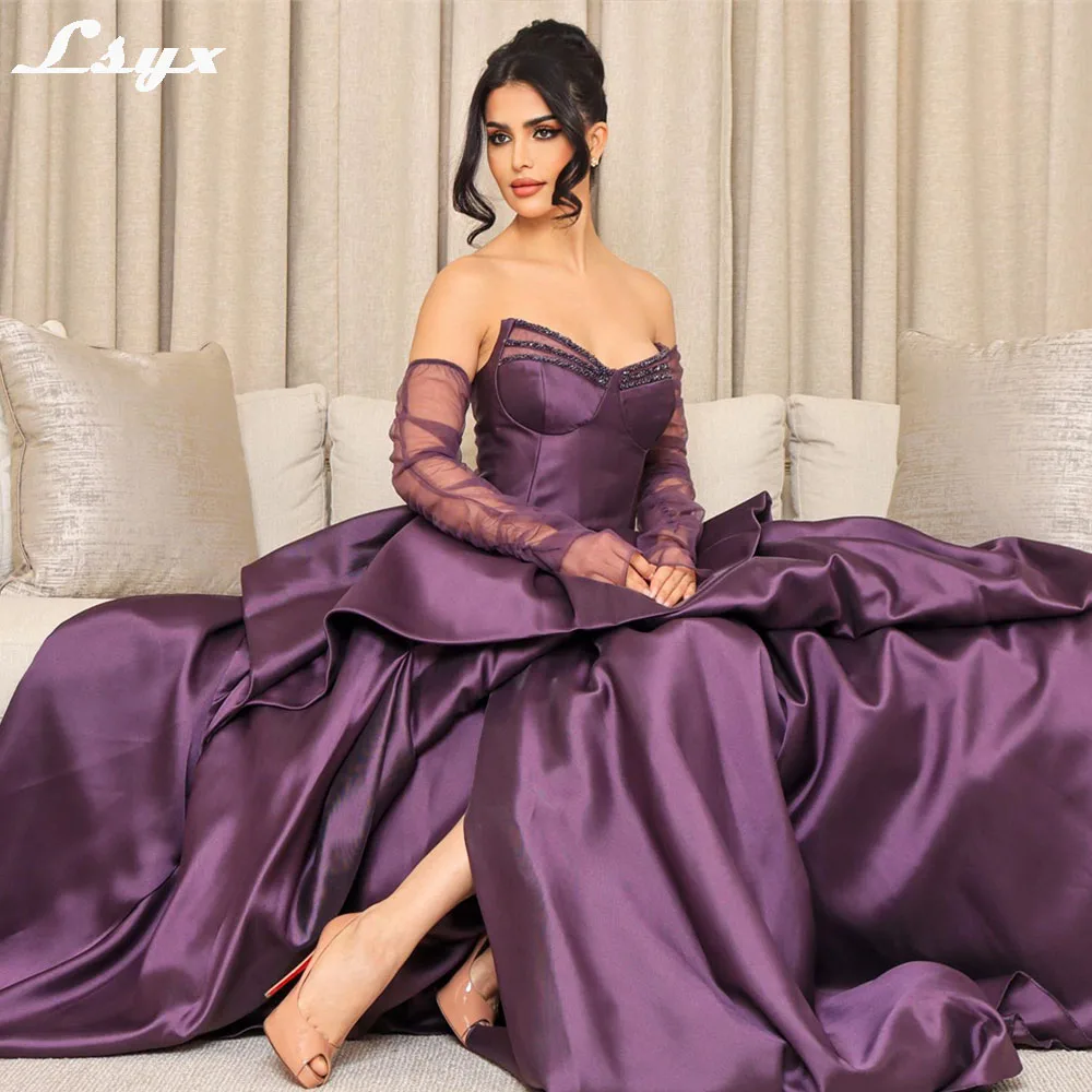 

LSYX Gorgeous Evening Gown Side High Slit Solid Color Detachable Sleeves Elegant Long Prom Party Dresses فساتين مناسبة رسمية