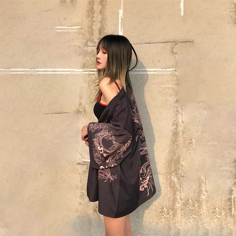 Estilo chinês retro solto melhorado hanfu dragão robe quimono cardigan haori verão plus size praia férias biquíni maiô outerwear jaqueta fina