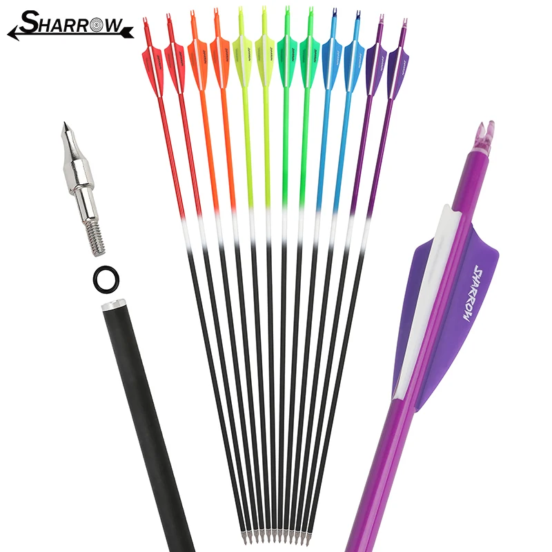 Flecha de carbono mixta, pluma de goma de 3 pulgadas, 30 pulgadas ID6.2mm OD6.8mm, columna vertebral 500, punta de flecha roscada de 100 granos para tiro al objetivo