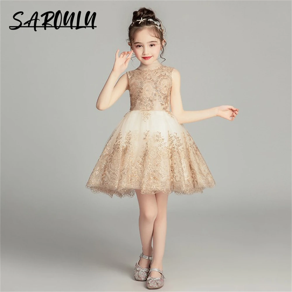 Robe de demoiselle d'honneur en fibre d'or pour filles, appliques de luxe, robe de Rhen tulle, robe formelle, fête de mariage, cadeau d'anniversaire