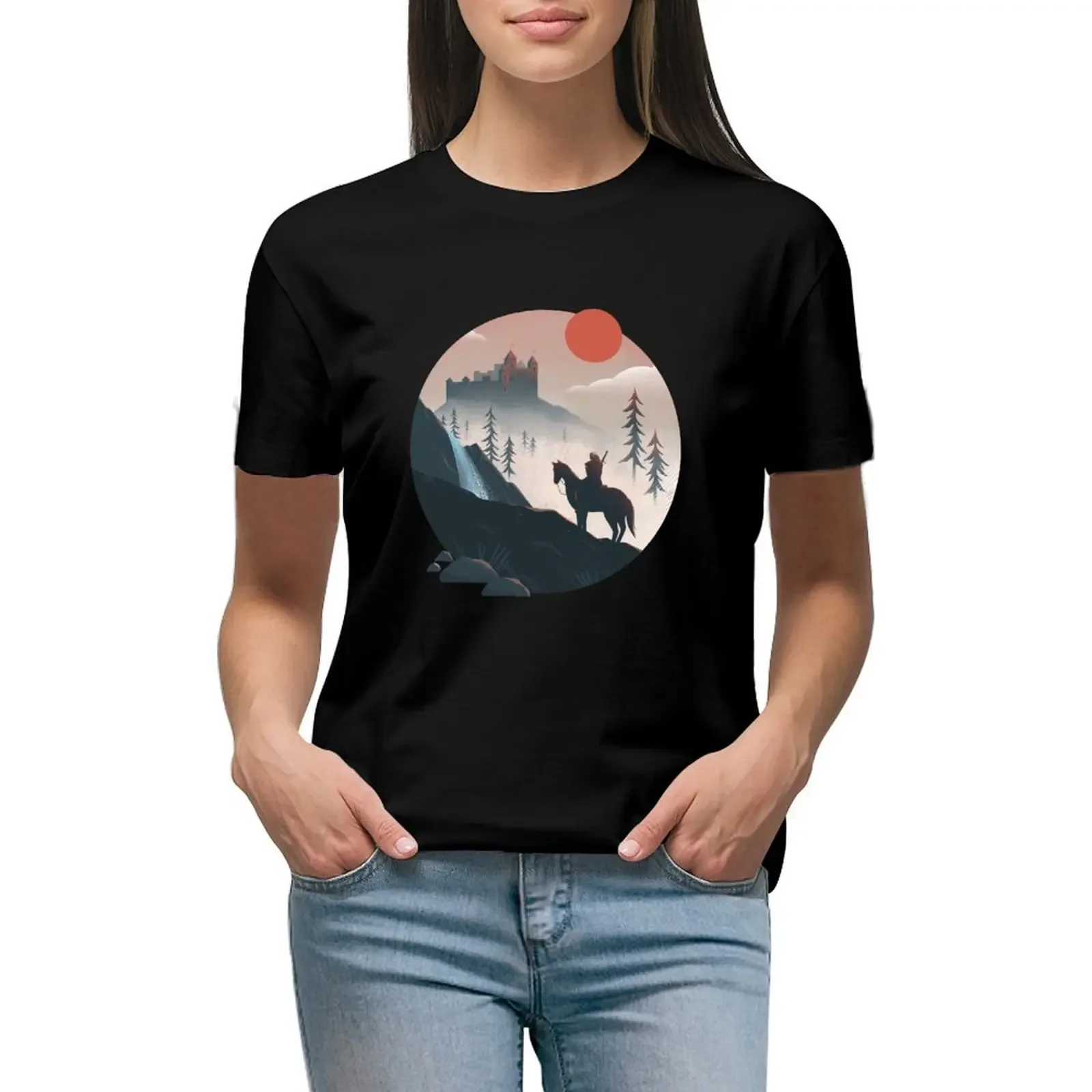 Geralt on the Ride T-Shirt funnys anime Female clothing Short sleeve tee tops Women