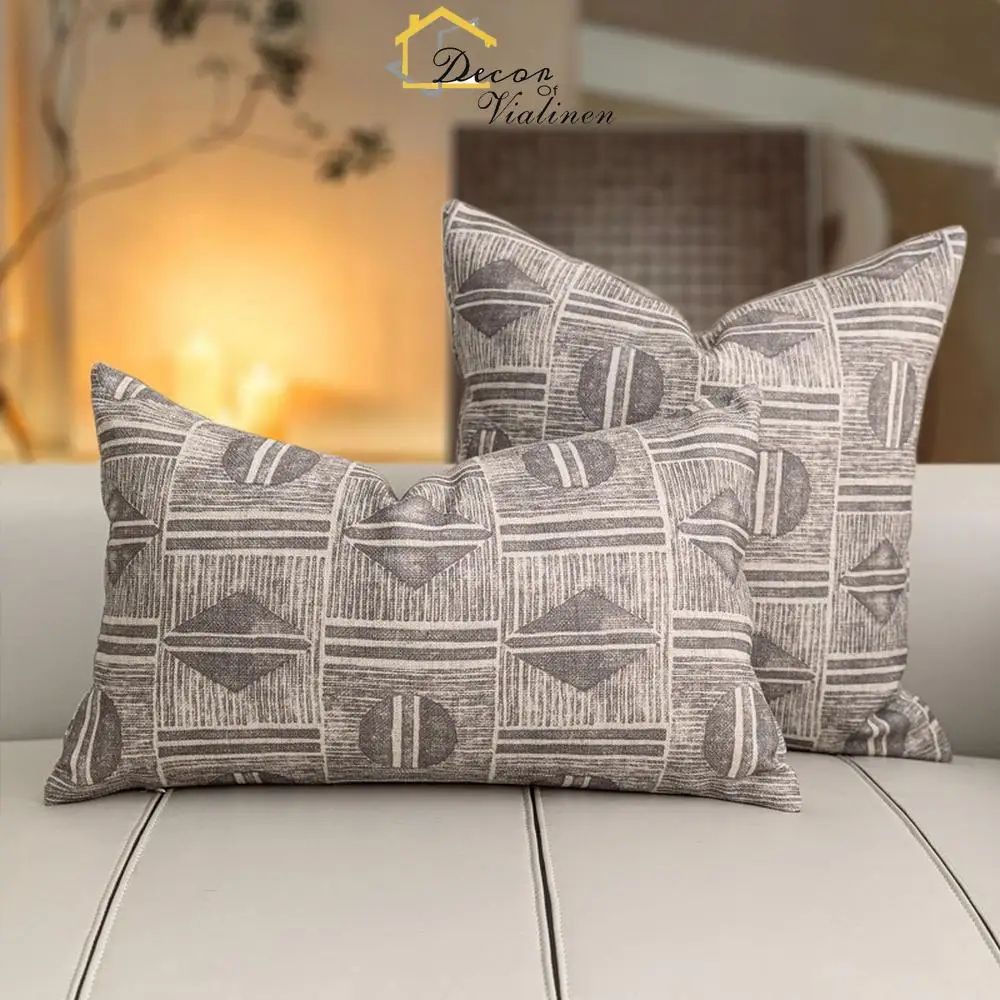 Nordic Wabi Sabi style homestay soft decoration pillow set, beige geometric waist pillow, double-sided printed used pillow model