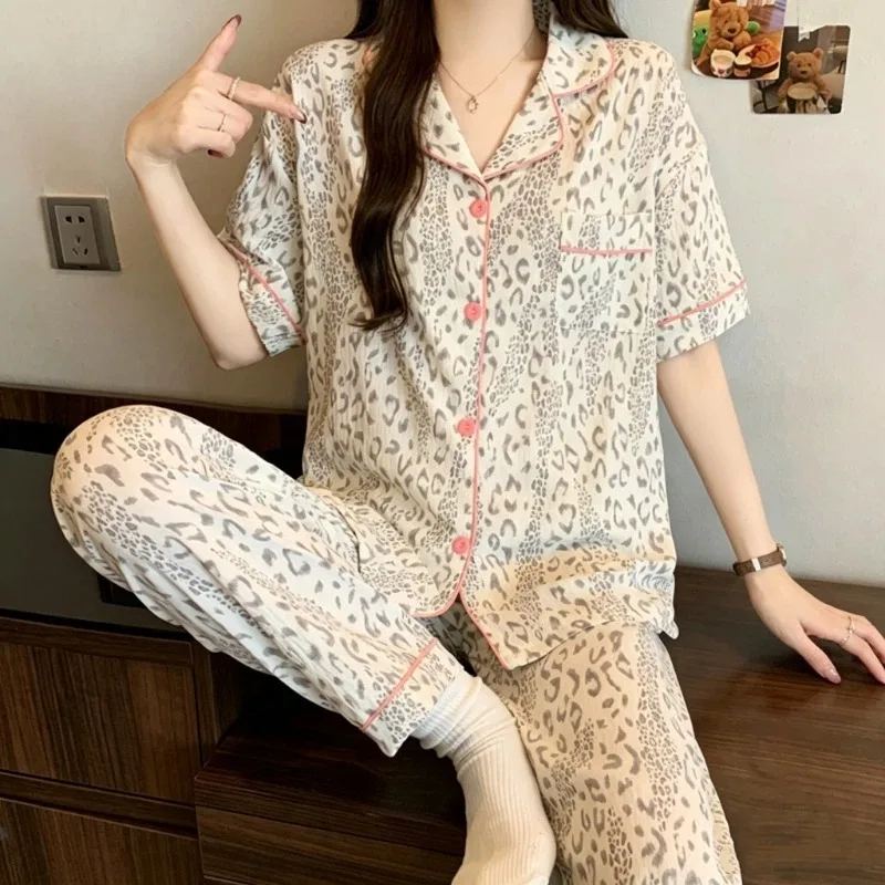 

Leopard-print Vintage Women's Pajamas Two-piece Set Summer New Fashion 2026 Loungewear Sleepwear French Casual Pajamas Set