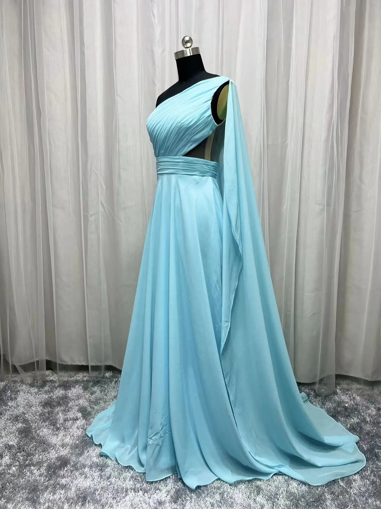 Vestido plisado de gasa para madre de novia, traje largo de un hombro, color azul claro, con foto Real, estilo árabe saudita, para fiesta de graduación y boda