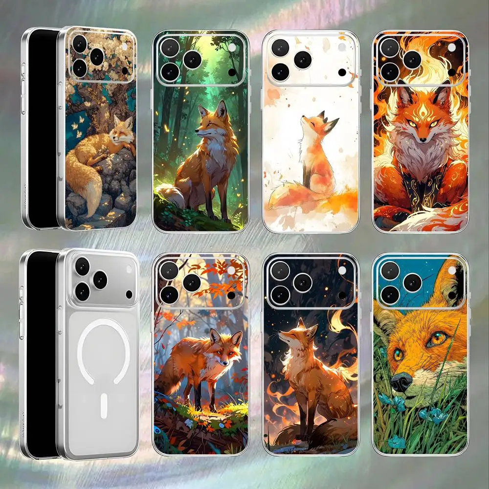 

Cute Fox Cartoon Shockproof Transparent White Phone Case For iPhone 17,16,15,14,13,12,11,Pro,Max Magnetic Wireless Charging