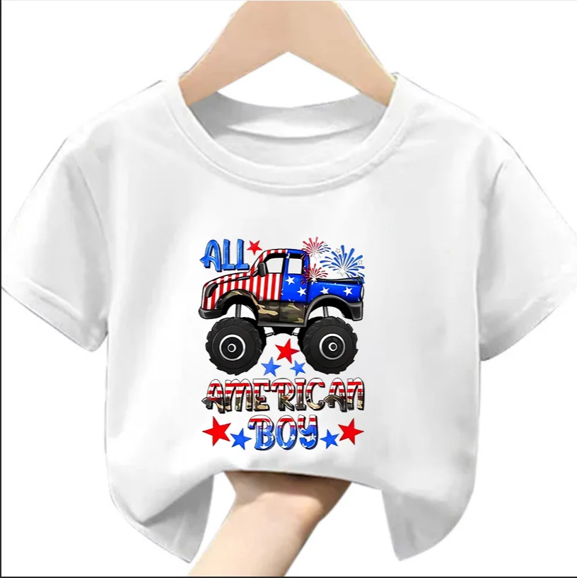 Boy All American Boy Letter Print and American Flag Style Truck Pattern Print Comfortable Casual Round Neck T-shirt Modal Fabric