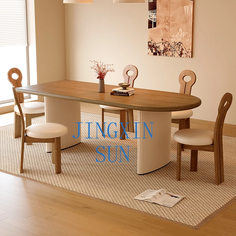Pure solid wood island dining table and chairs restaurant against the wall semi-round log large board