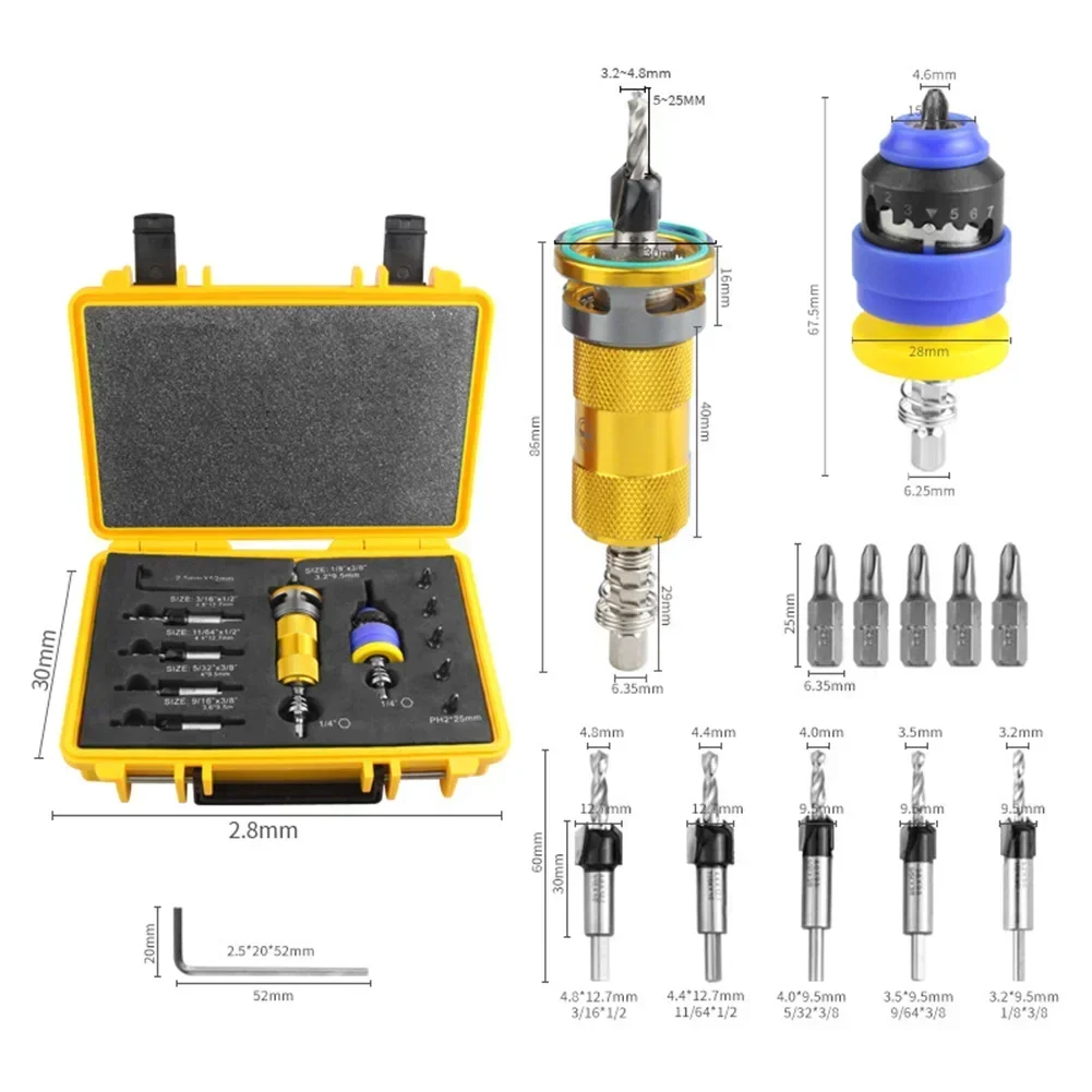 Counterbore Drill Bit Set with Adjustable Depth Stop for Controlled Woodworking Drilling and Accurate Penetration