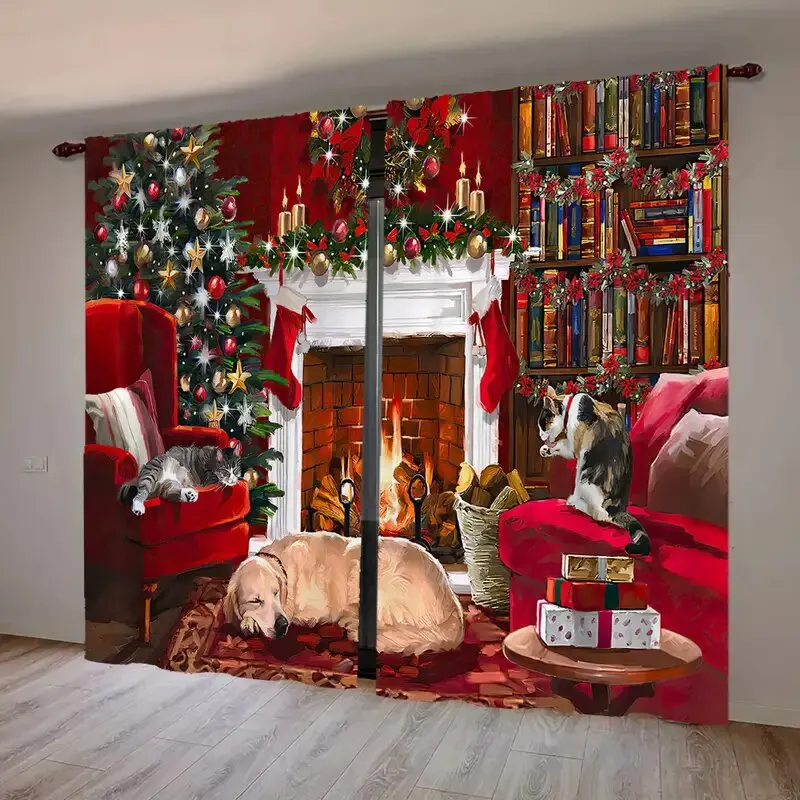 

2pcs - Winter snowflake and Santa Claus patterned curtains for Christmas, home decoration, room decoration