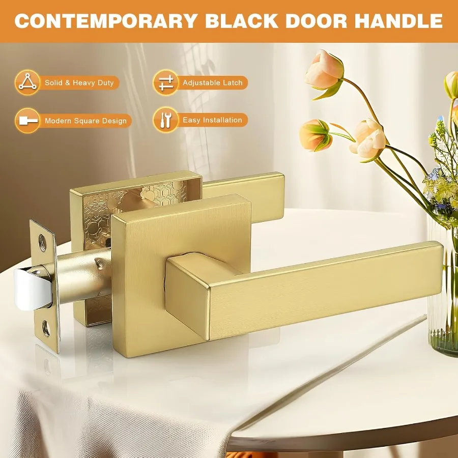 มือจับประตูแบบสี่เหลี่ยมจัตุรัสสีทองขัดเงา 10 ชิ้น สำหรับประตูทางเดิน ตู้เสื้อผ้า ประตูภายใน  แบบไม่ใช้กุญแจ  พร้อมกุญแจแบบมีร่อง  งานหนัก