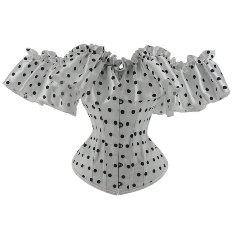 

Wave Point Vintage Overbust Corset Tops for Women with Sleeves Victorian Retro Burlesque Lace Corset Bustiers Vest Fashion White