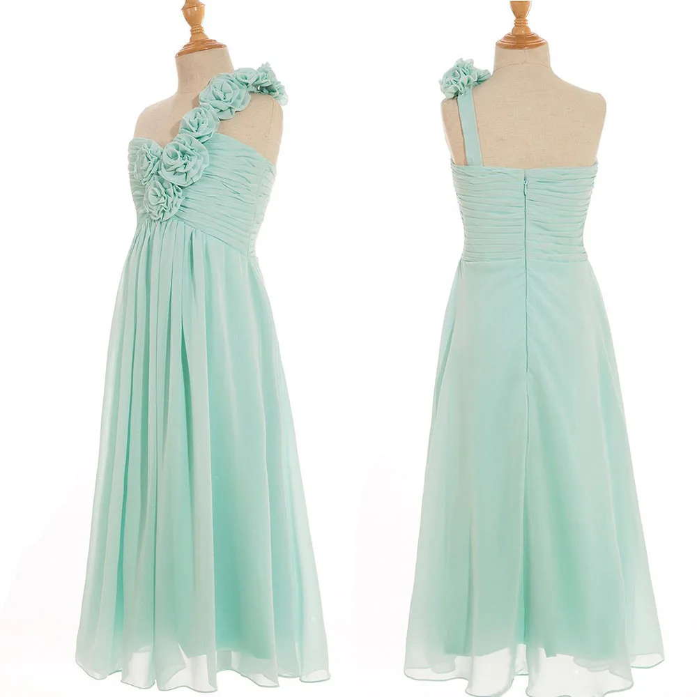 한쪽 어깨에 드리는 민트 그린 색상의 쉬폰 플라워 걸 드레스, 주름 장식이 있는 A라인 주니어 브라이드메이드 가운, 어린이 웨딩 파티용 CPS420