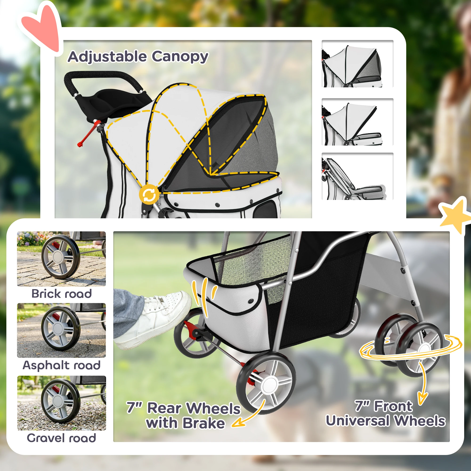 PawHut Pet Stroller Carrier Foldable Deluxe Walk Travel Dog, Grey