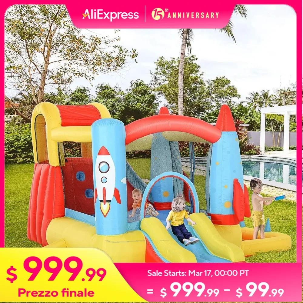 Inflatable Water Slide with 2 Slides, Climbing Wall, Trampoline, & Water Pool Area, Air Blower, 4-in-1 Bounce House Kiddie Pool