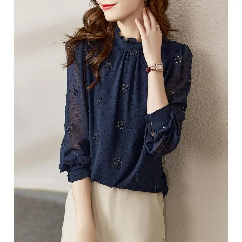 2023 New High-End Temperament Elegant Fashion Chiffon Long Sleeve Blouses Pullovers for Women Office Lady All-match Chic Tops