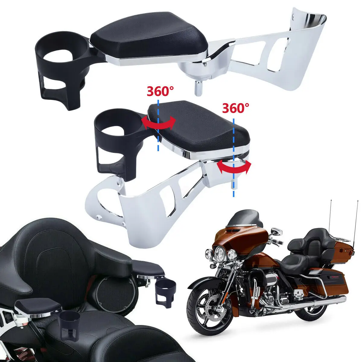 Motorcycle Rear Passenger Armrests With Drink Cup Holder For Harley Touring Road Electra Glide CVO Ultra 2014-2022 2020 2021