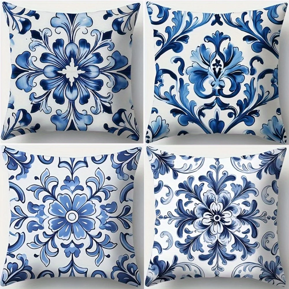 Juego  4 fundas  almohada con cremallera y estampado floral geométrico blanco | Patrón impreso  poliéster  doble cara, c