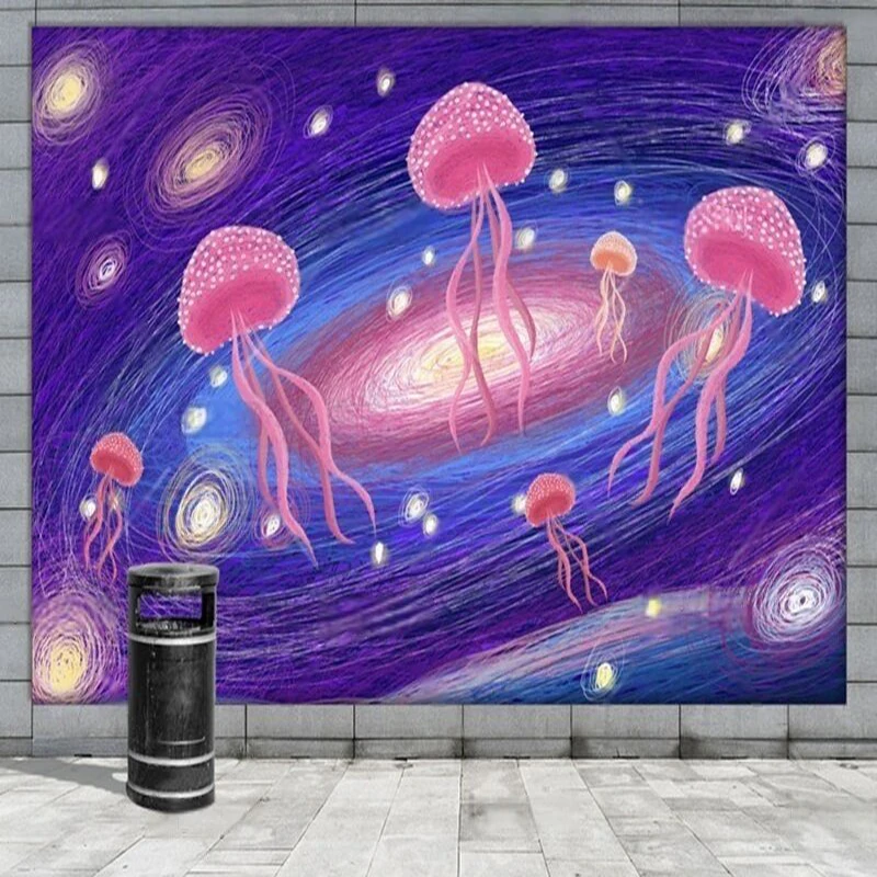

Customized hand-drawn coil paintings of the universe starry sky and jellyfish Internet celebrity background wall