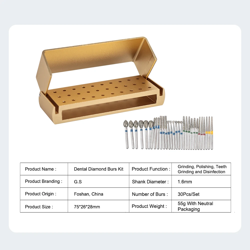 30Pcs/Set Dental Diamond Burs Kit with Holder for High Speed HandpiecePolishing Drillls + 1pcs Aluminum Disinfection Holder Bloc